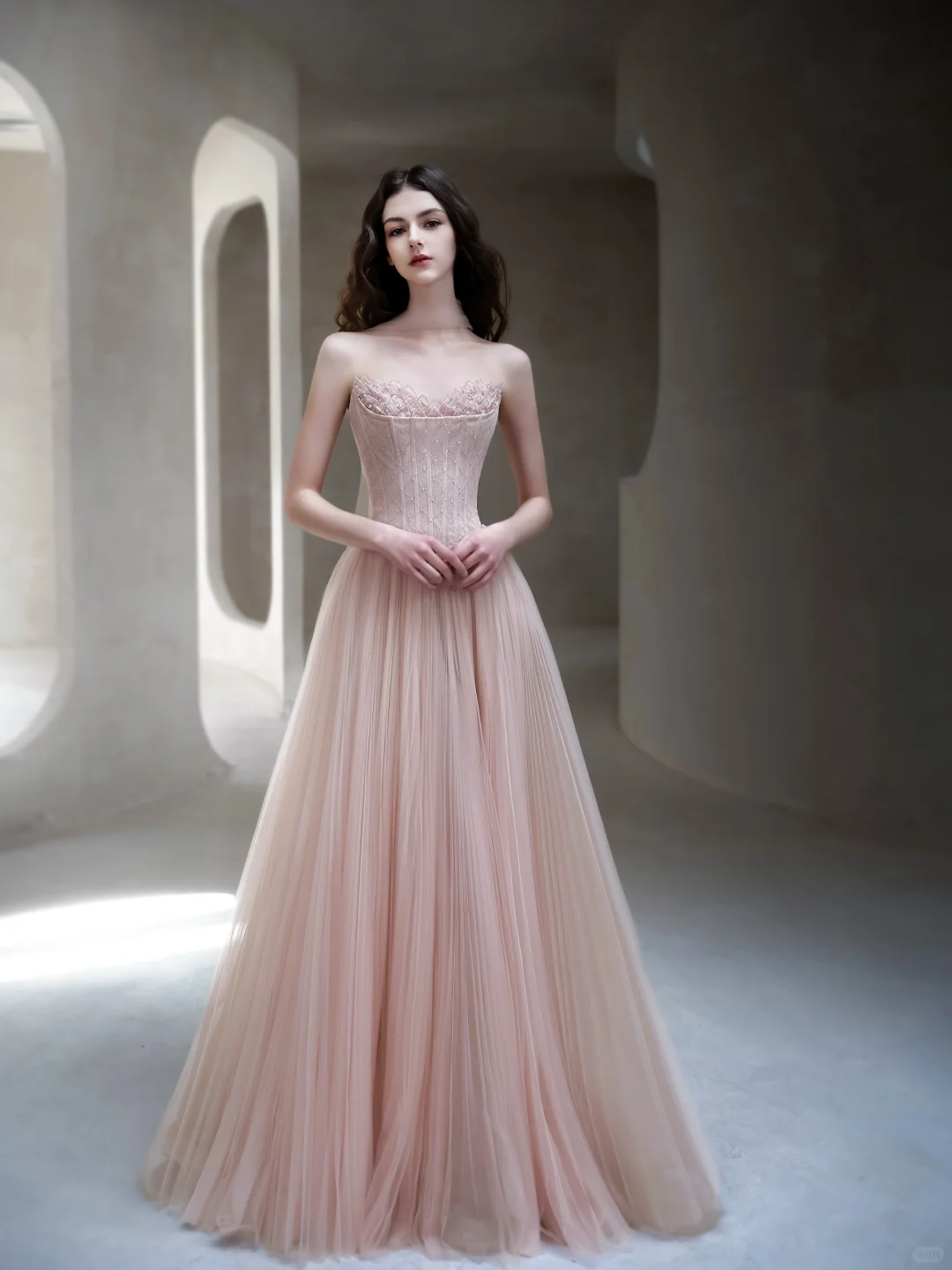 Light Pink A Line Strapless Beaded Tulle Long Date Dress Prom Dress Evening Dress DP3432