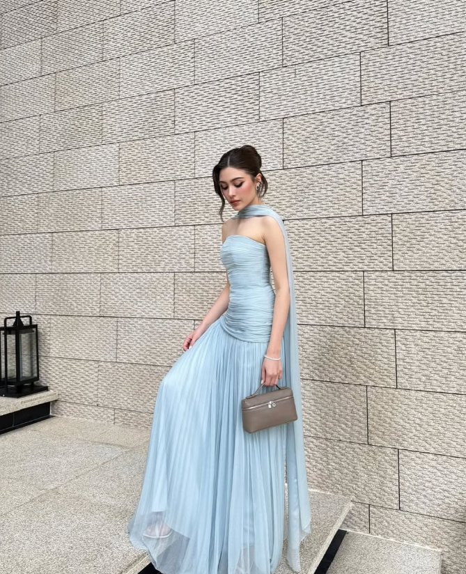 Baby Blue A Line Strapless Pleated Chiffon Long Prom Dress Party Dress DP2582