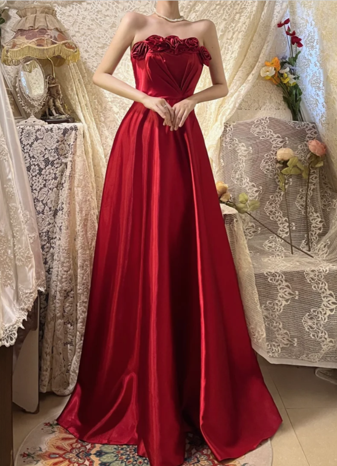 Burgundy A Line Strapless Floral Satin Long Prom Dress Date Dress DP4271