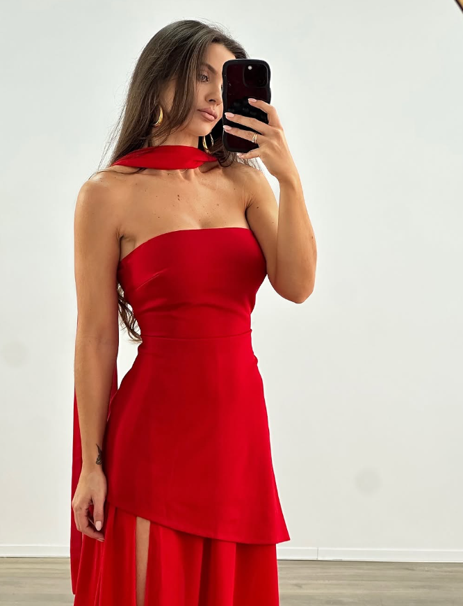 White Flowy Simple A Line Strapless Satin Chiffon Prom Dress Formal Dress with Slit DP3216