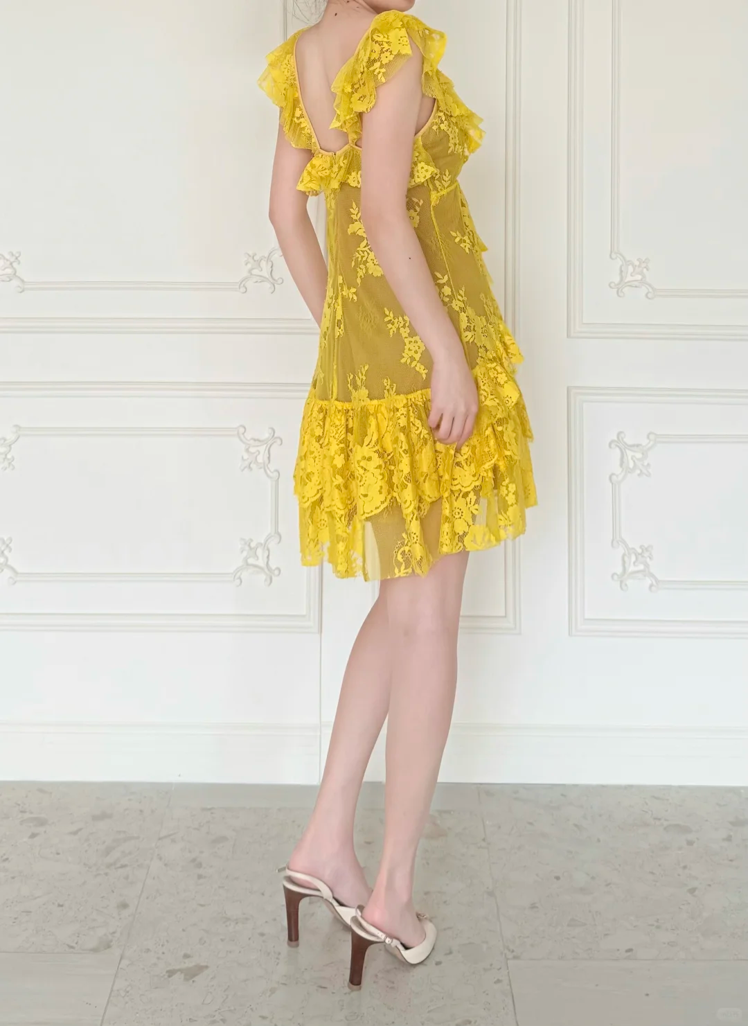 Bright Yellow A Line V Neck Layered Lace Short Prom Dress Homecoming Dress DP6450