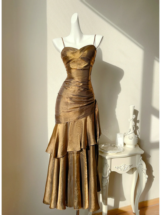 Bronze Gold Mermaid Spaghetti Strap Layered Satin Party Dress Wedding Guest Dress DP2587