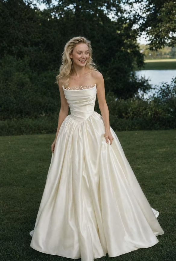 New A Line Strapless Exquisite White Pearl Satin Long Wedding Dress DP7989