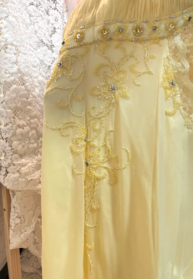 Vintage Mermaid V Neck Beaded Yellow Lace Chiffon Prom Dress Wedding Guest Dress DP4279