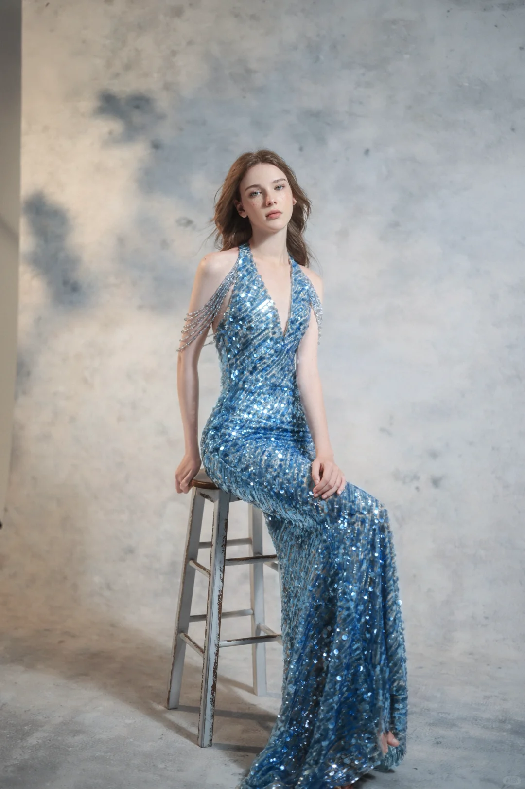 Sexy Blue Mermaid V Neck Beaded Sequin Open Back Long Prom Dress Formal Dress DP3332