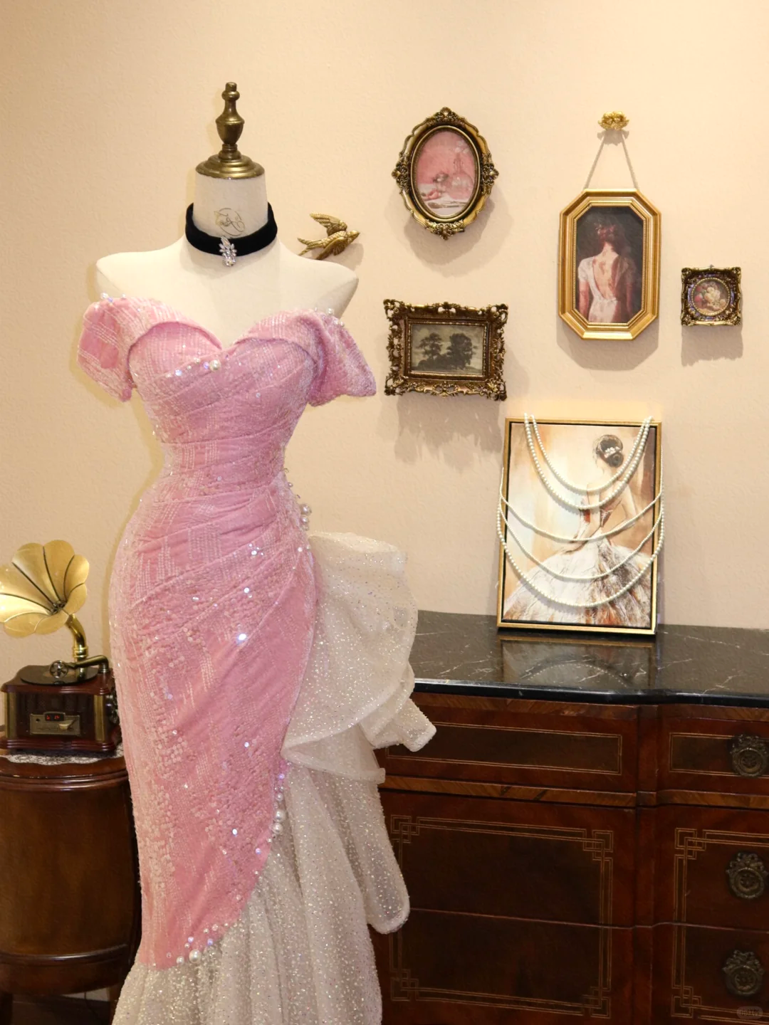 Pink Mermaid Off the Shoulder Sequin Velvet Prom Dress 16th Birthday Dress DP3905