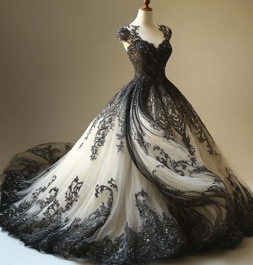 Gorgeous Ball Gown Strap Black Beaded Sequin White Tulle Long Prom Dress Evening Dress DP1823