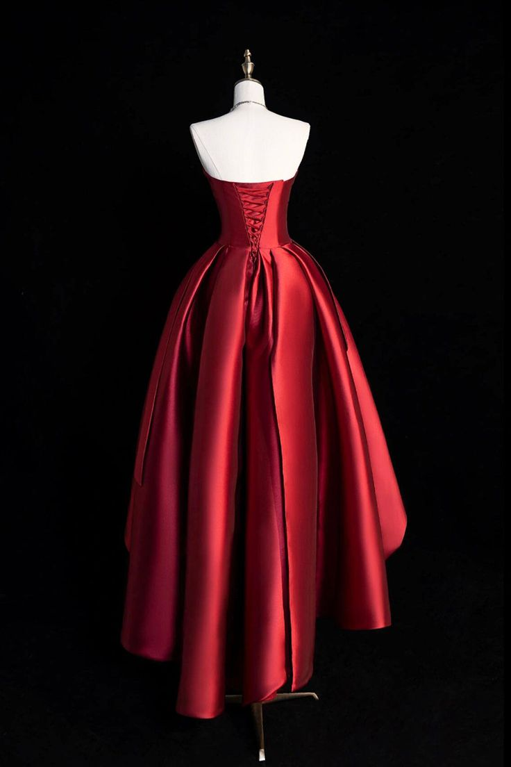 Burgundy Strapless Satin Party Dress High Low Evening Dress DP483