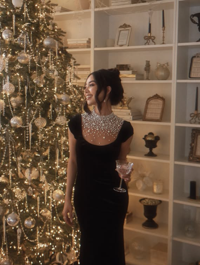 Stunning Mermaid High Neck Pearl Black Velvet Long Prom Dresses Formal Gown DP3673