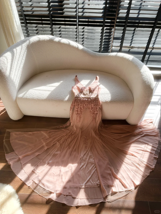 Classy Mermaid Spaghetti Strap Beaded Appliques Chiffon Prom Dress Party Dress DP2578