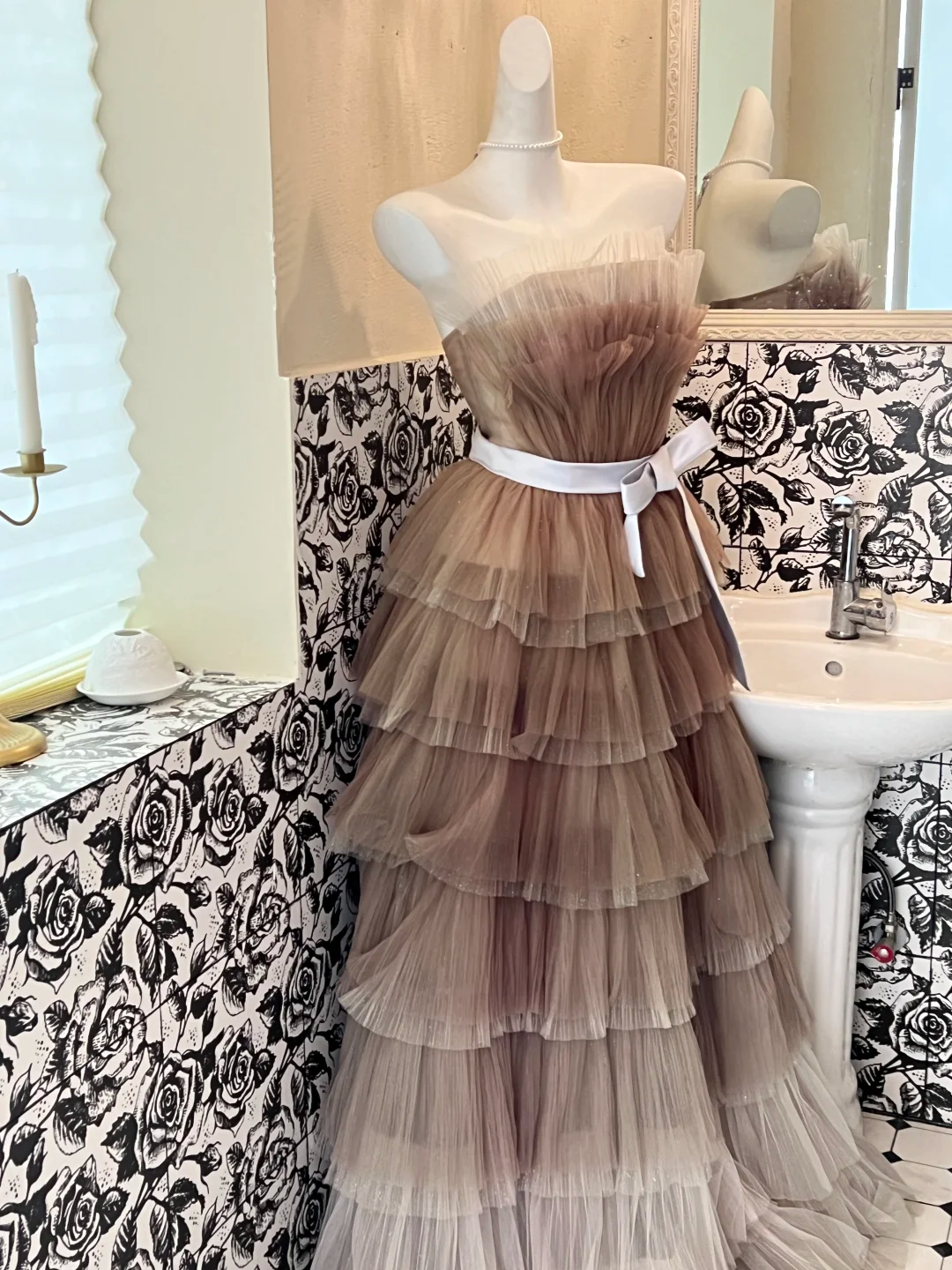 Unique Brown Grey Ombre A Line Strapless Layered Tulle Long Prom Dress Formal Dress DP3328
