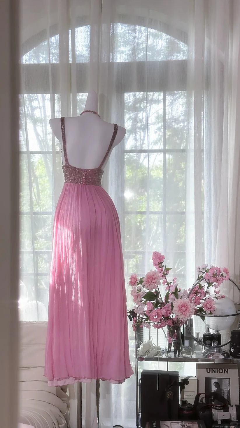 Shiny Pink Beaded Silver Sequin V Neck Chiffon Date Dress Evening Dress Wedding Guest Dress DP2912