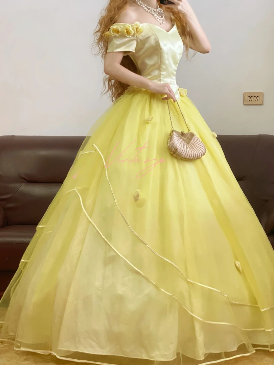 Vintage Ball Gown Off the Shoulder Floral Yellow Satin Tulle Prom Dress 22 Birthday Dress DP4073