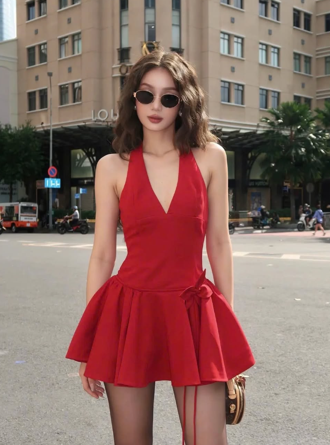 Cute A Line Halter V Neck Red Satin Short Open Back Homecoming Dress Outfits DP1560