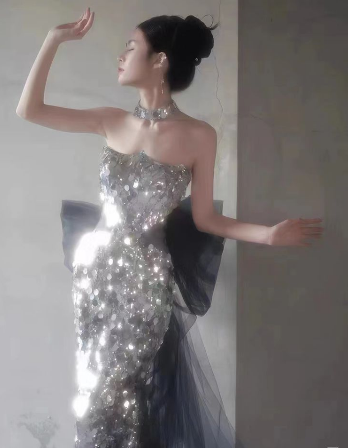 Shiny Silver Sequin Mermaid Bow Tulle Long Prom Dresses Evening Gowns Party Dress DP3044
