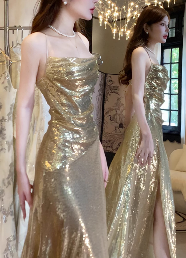 Shiny Golden Mermaid Spaghetti Strap Sequin Prom Dress 16th Birthday Dress with Slit DP3570