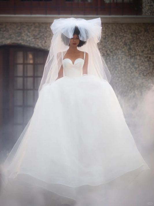 New A Line Spaghetti Strap White Satin Tulle Long Wedding Dress DP2629