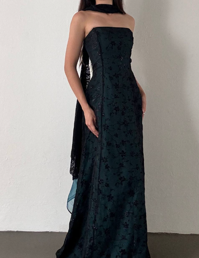 Vintage A Line Strapless Appliques Black Blue Tulle Prom Dress Graduation Prom Dress DP2257