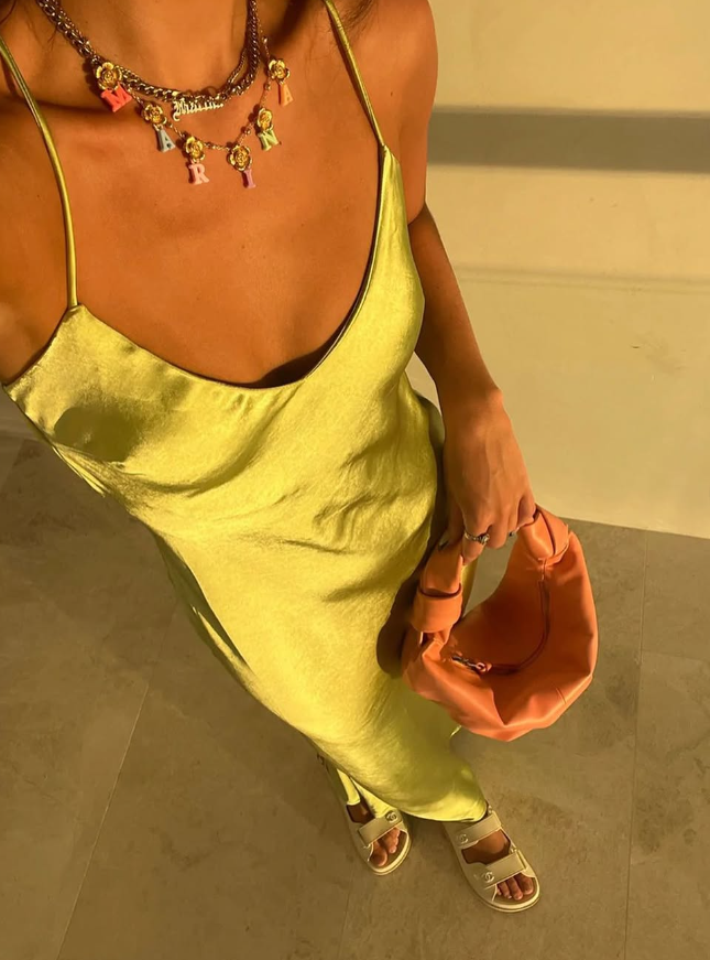 Simple Sheath Spaghetti Strap Green Satin Open Back Prom Dress Evening Dress DP1926