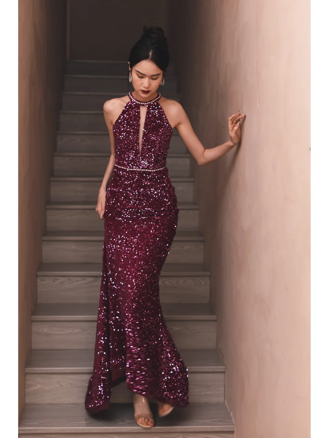 Sexy Purple Mermaid Halter Sequin Open Back Long Prom Dress Formal Dress DP3335