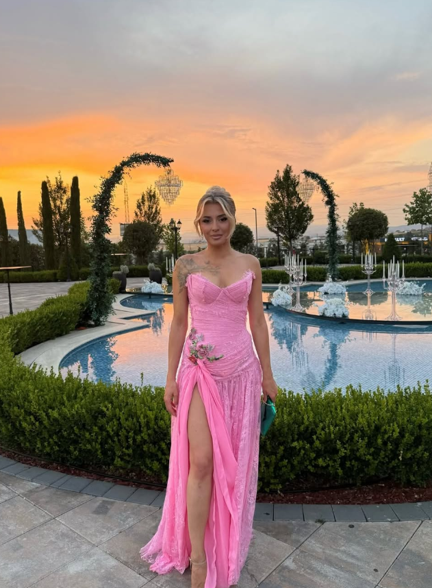Elegant A Line Strapless Pink Lace Prom Dress Party Dress Wedding Guest Dress with Slit DP3488
