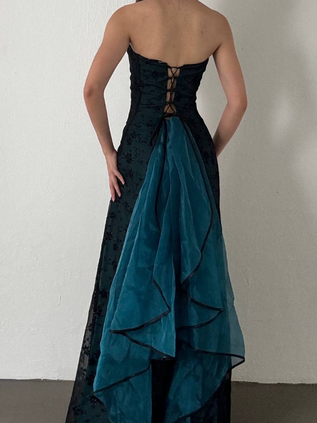 Vintage A Line Strapless Appliques Black Blue Tulle Prom Dress Graduation Prom Dress DP2257