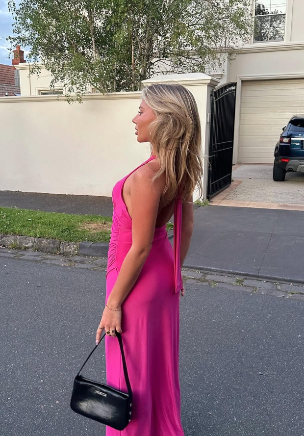 Hot Pink A Line Halter V Neck Satin Long Prom Dress Evening Dress with Slit DP1328