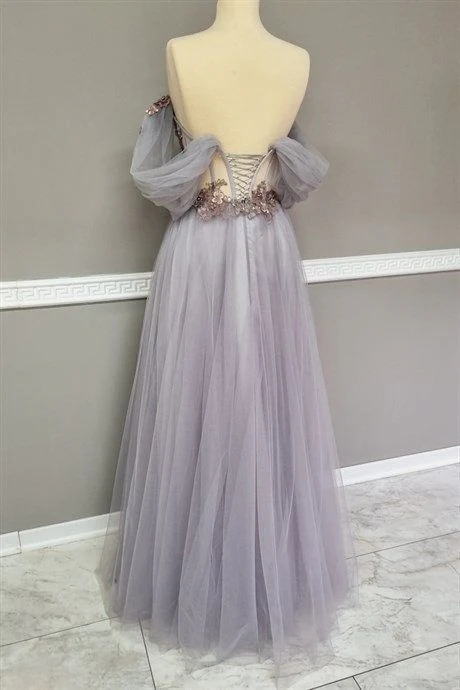 Pink Off The Shoulder Tulle Applique Long Prom Dress Fairy Evening Dress DP098