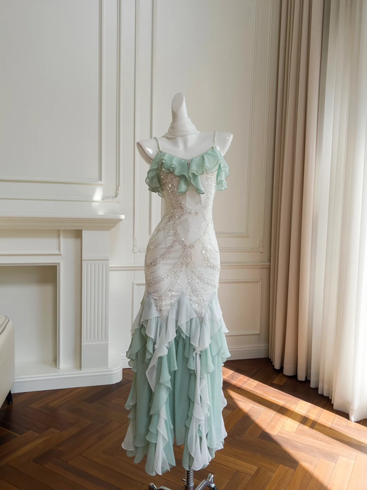 Stunning Mermaid Spaghetti Strap Beaded Ruffle Green White Chiffon Prom Dress Evening Dress DP2491