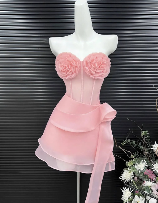Pink A Line Sweetheart Neck Flower Layered Organza Mini Homecoming Dress Birthday Dress DP2614