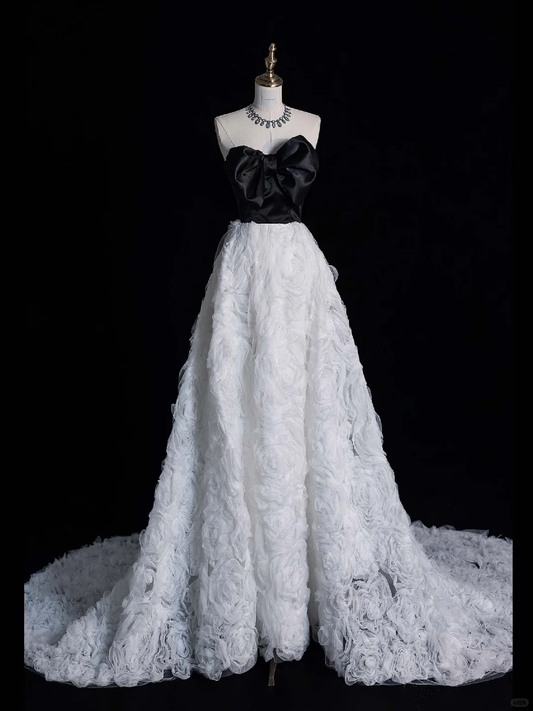 Elegant A Line Strapless Black Bow White Flower Tulle Prom Dress Evening Dress DP2188