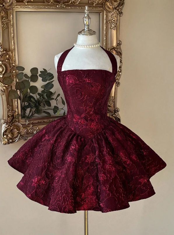 Burgundy Print A Line Halter Satin Backless Short Homecoming Dress DP5677