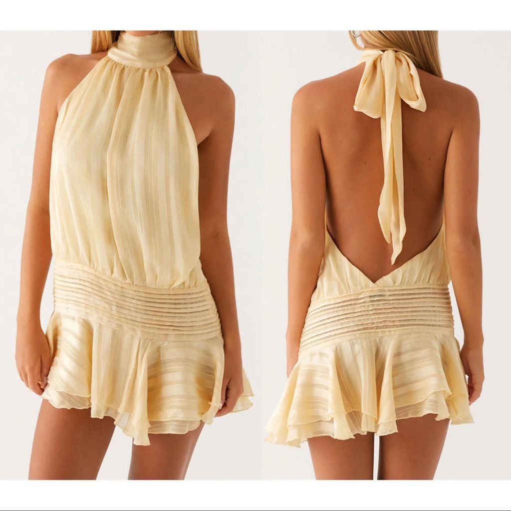Yellow A Line Halter Satin Short Open Back Homecoming Dress Birthday Dress DP4014