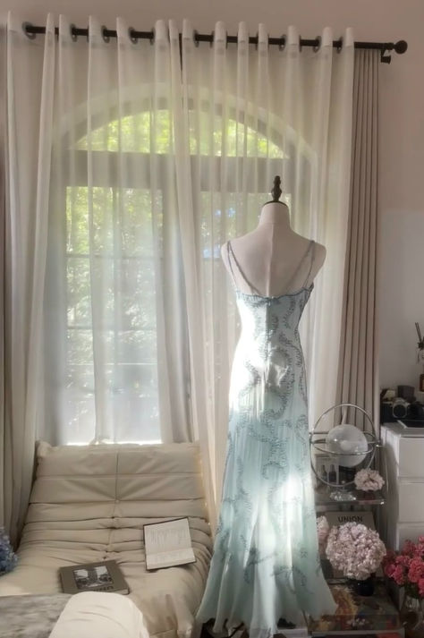Baby Blue A Line Spaghetti Strap Beaded Chiffon Long Party Dress Evening Dress DP2338