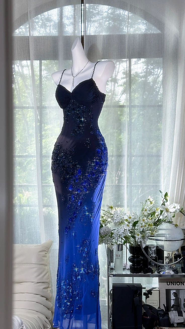 Blue Ombre Sheath Spaghetti Strap Exquisite Beaded Chiffon Prom Dress 21th Birthday Dress DP3900