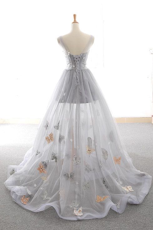 Gray A Line Sweetheart Appliques Tulle Long Prom Dress Evening Dress DP1062