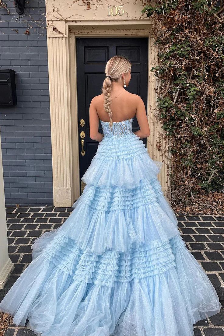 A Line Strapless Layered Tulle Long Prom Dresses With Slit DP773
