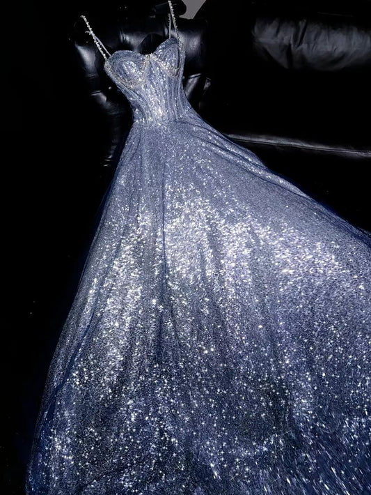 Stunning A Line Spaghetti Strap Rhinestone Silver Sequin Long Party Dress Prom Dress DP2563