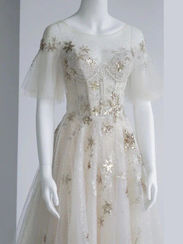 A Line Round Neck Star Sequin Tulle Prom Dress Evening Dress DP1176
