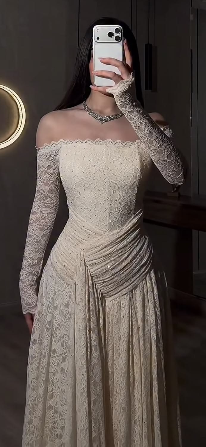 Pretty A Line Long Sleeve Ivory Lace Long Prom Dress Evening Dress DP7894