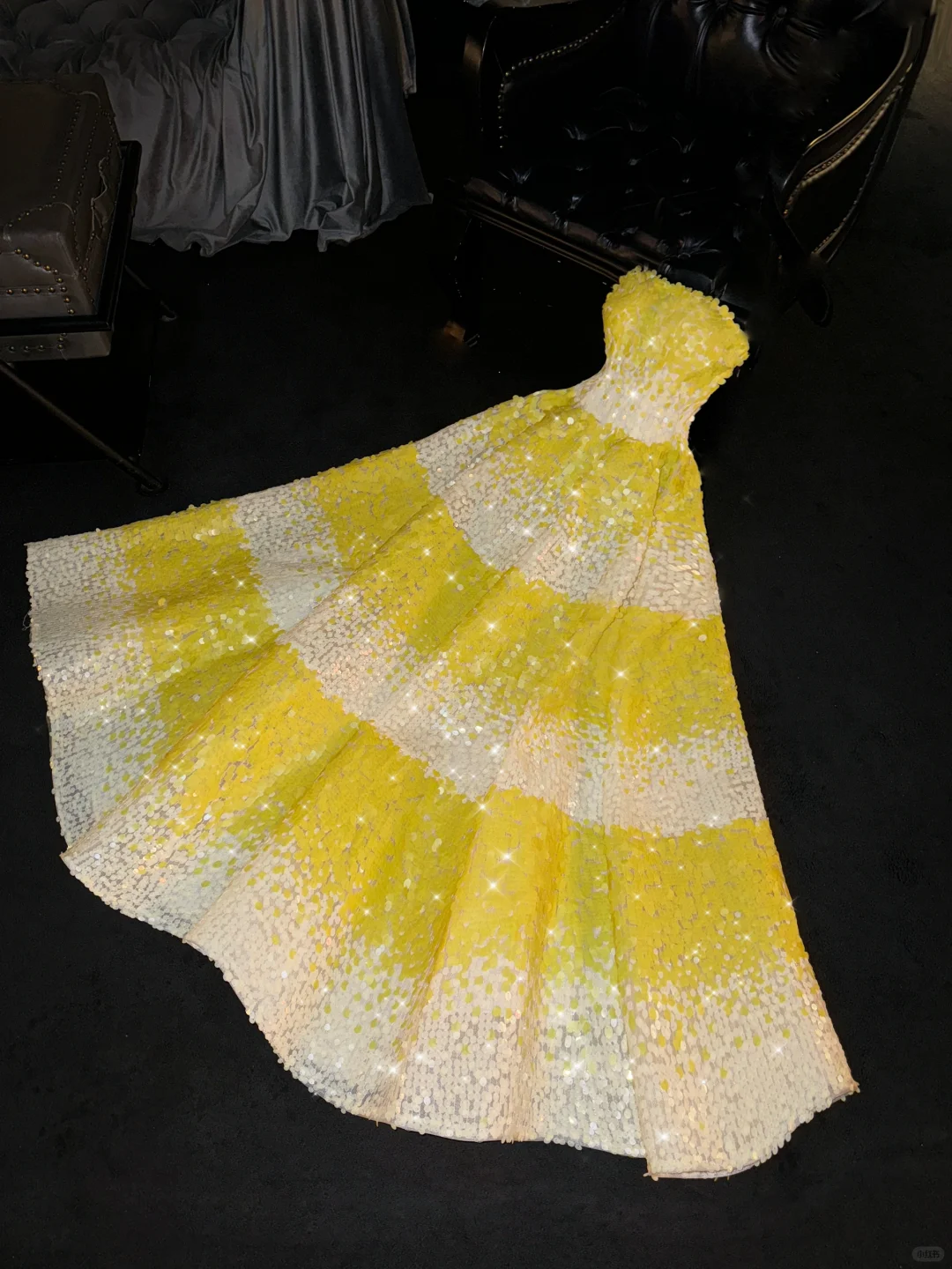 Shiny A Line Strapless Yellow White Sequin Long Party Dress Evening Dress DP2429