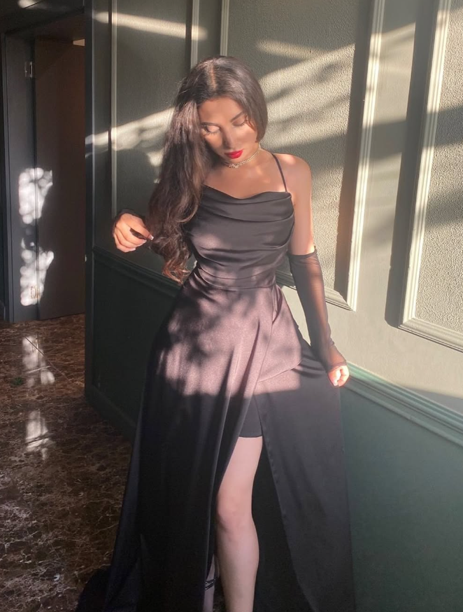 Sexy A Line Spaghetti Strap Black Satin Long Prom Dress Evening Dress with Slit DP1797