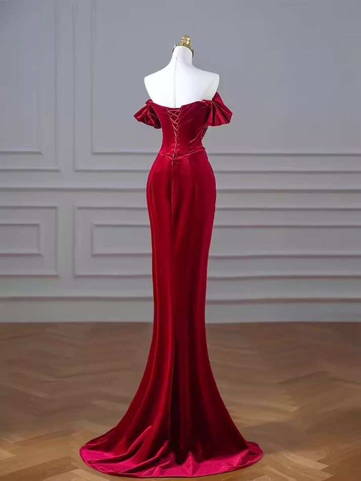 Elegant Mermaid Burgundy Velvet Prom Dress Evening Dress DP095