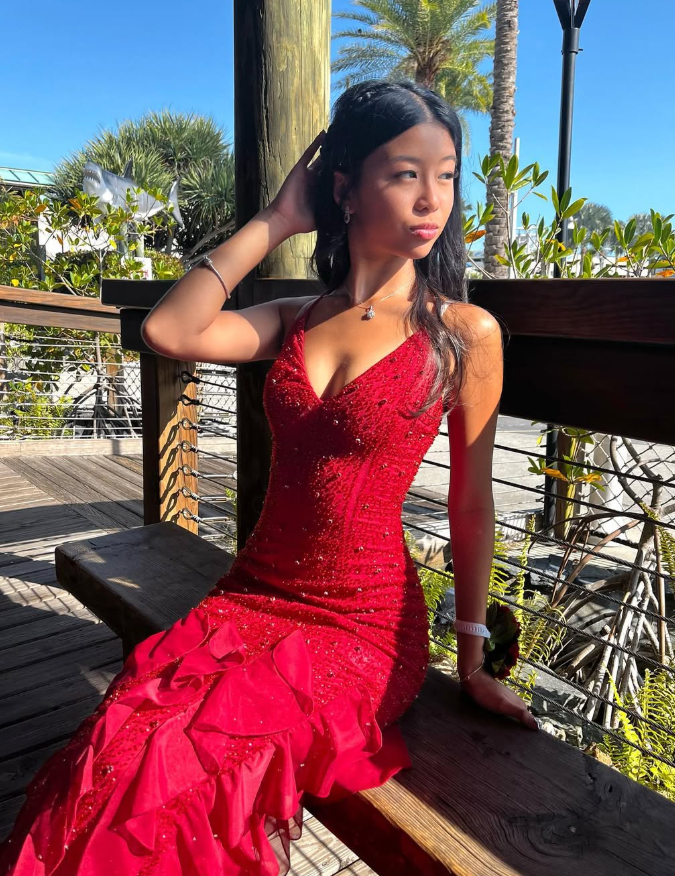 Red Exquisite Beaded Ruffle Flowy Chiffon Formal Party Dress Prom Dress Date Dress DP3003