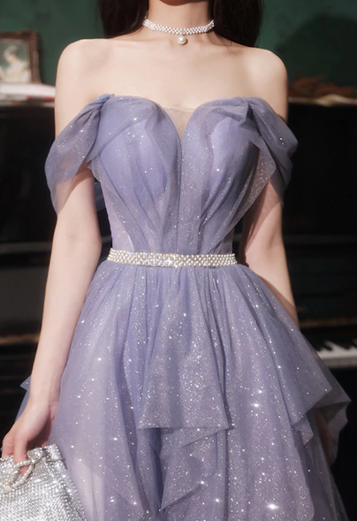 Purple A Line Off the Shoulder Sequin Tulle Long Prom Dress Evening Dress DP2022