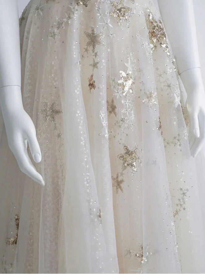 A Line Round Neck Star Sequin Tulle Prom Dress Evening Dress DP1176