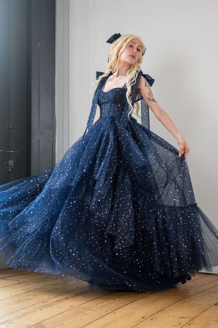 Star Sequin Navy Blue A Line Straps Layered Tulle Date Dress Prom Dress Evening Dress DP3371