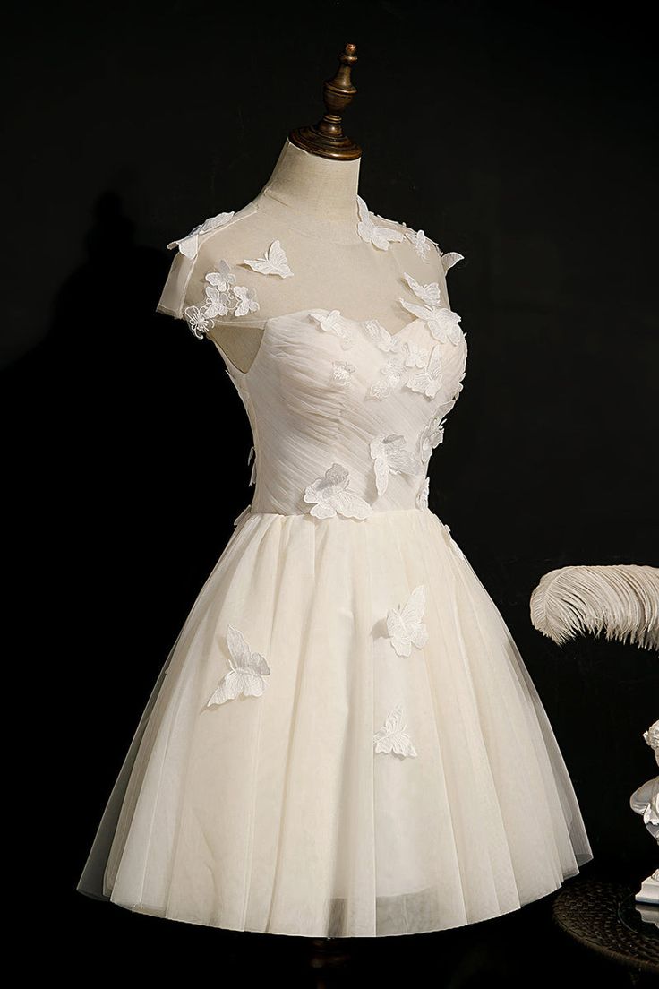White A Line Round Neck Butterfly Appliques Tulle Short Homecoming Dress DP1327