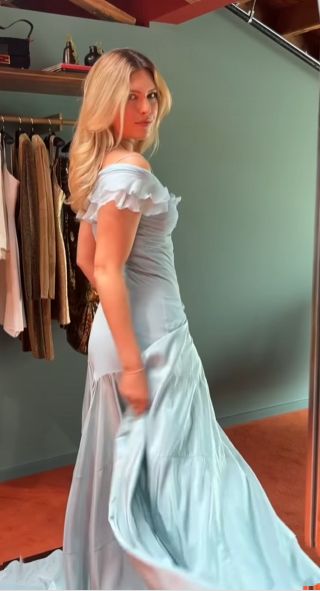 Retro Style A Line Off the Shoulder Blue Satin Long Party Dress Prom Dress DP2216