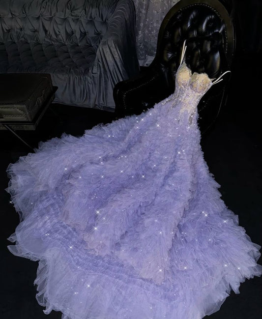 Dreamy A Line Sweetheart Neck Beaded Sequin Purple Tulle Prom Dress Party Dress DP2559